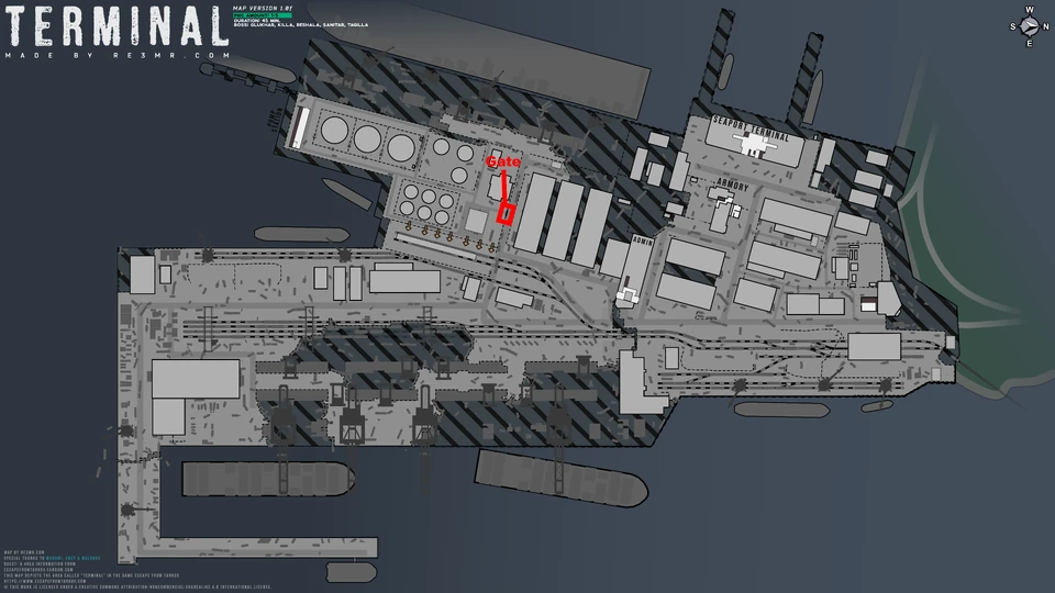 Abrir o portão do depósito de combustível — Portão marcado no mapa.