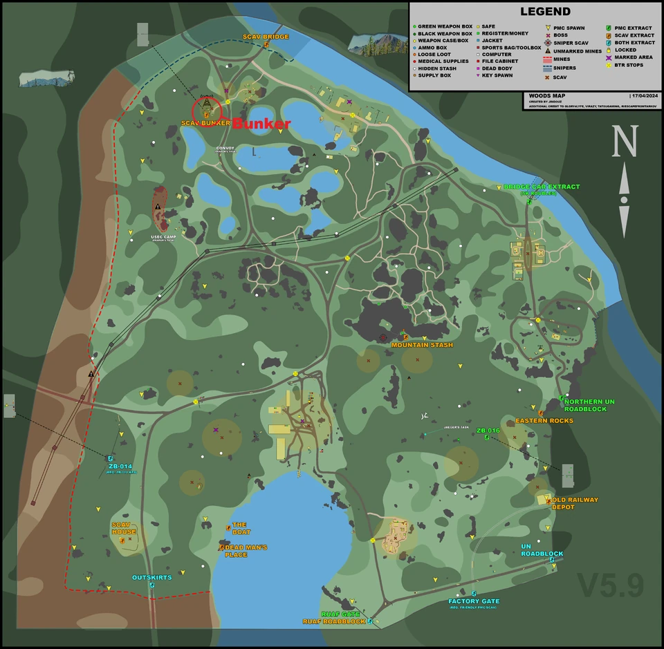 Reparar o equipamento em Woods — Bunker Scav marcado no mapa