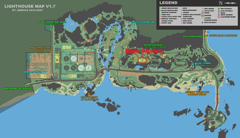 Informações topográficas de Lighthouse — Chalé azul marcado no mapa.